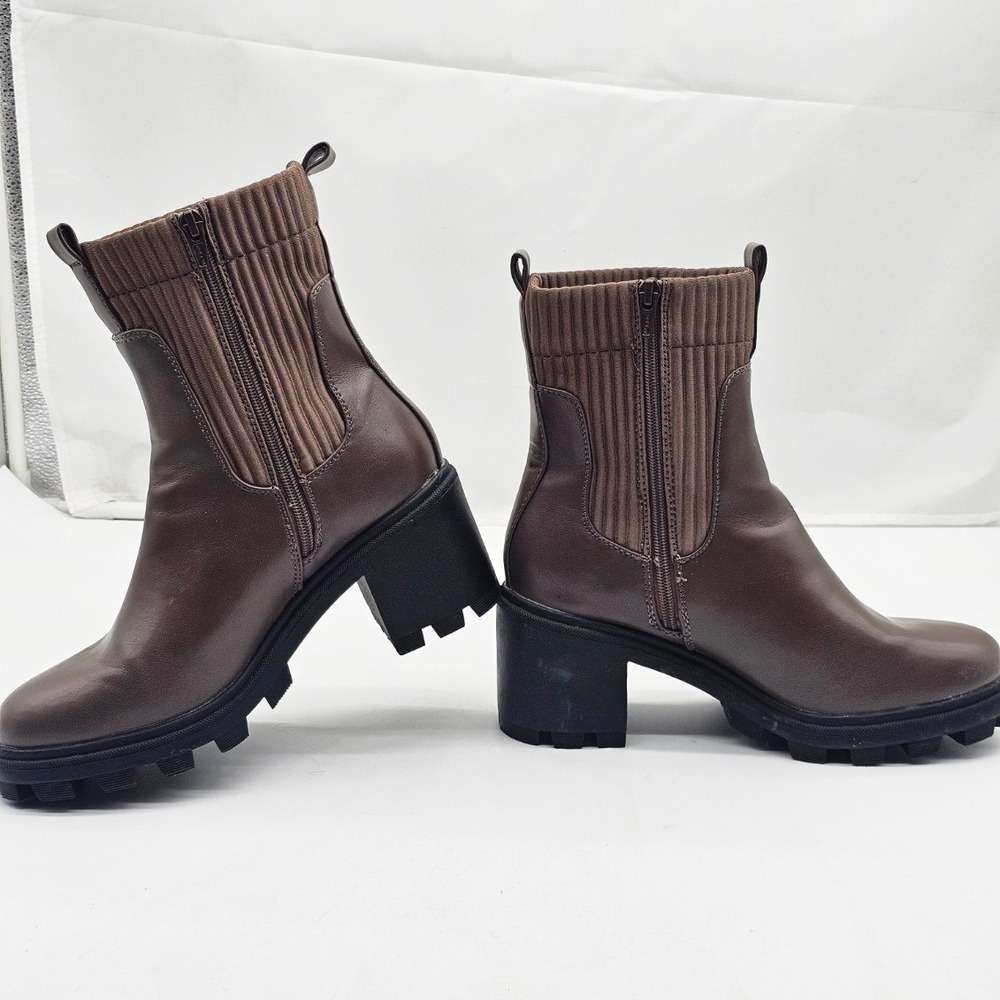 A New Day Ankle Boots Women 8.5 Brown Lug Sole Block Heel Zip Up